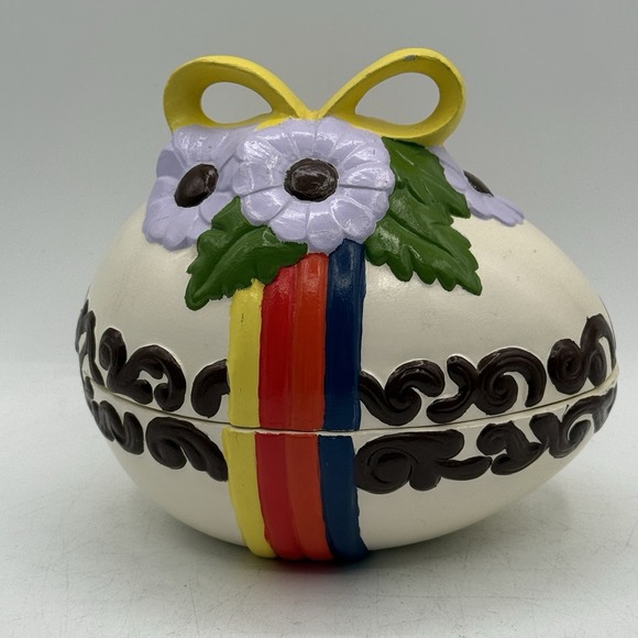 Vintage Hand Painted Ceramic Egg Rainbow Spring Flowers Trinket Box Candy Dish - Picture 1 of 14